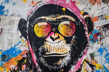 A close-up portrait of a monkey in a graffiti style, with sunglasses and a vibrant hoodie, radiating energy against a background of collaged newspaper clippings and street art elements.