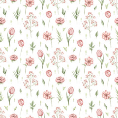 Seamless pattern with vintage various red pink flowers and leaves set isolated on white background. Watercolor hand drawn illustration sketch