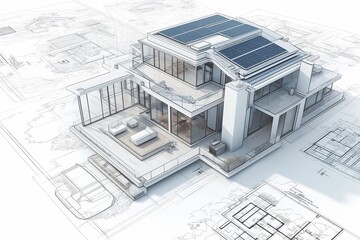 modern house with solar panels on the roof, blueprints and architectural drawings in the background