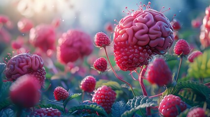 In a brain's central park, strawberries and raspberries flourish, symbolizing their cognitive benefits