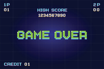 Fototapeta premium Game Over, Retro games for game assets in retro futuristic sci-fi background vector illustration. Glowing neon from an old arcade