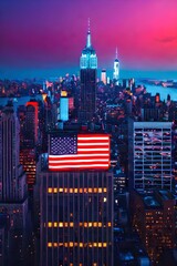 cityscape with neon and usa flag 
