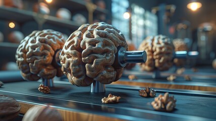 Brain cells lift walnut dumbbells in a gym, demonstrating the strength and endurance from nutrient-rich walnuts