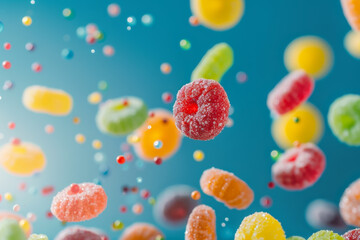 Fototapeta na wymiar Rainbow colored candy falling on blue background, colorful candy sprinkles.