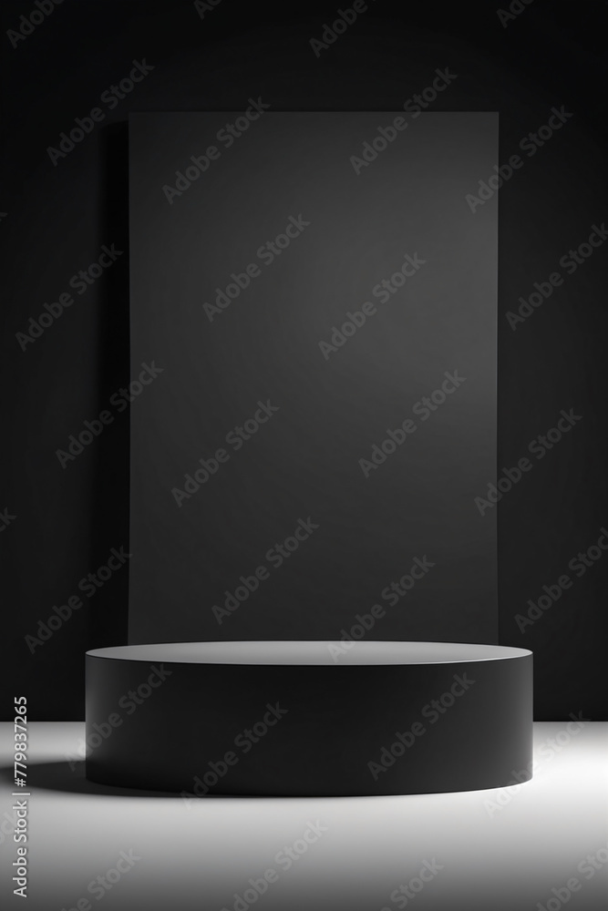 Poster empty black product podium display background with a minimal pedestal show stand, modern platform, a