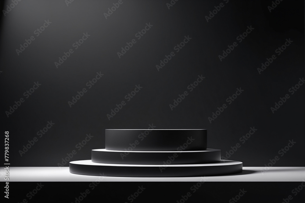 Poster empty black product podium display background with a minimal pedestal show stand, modern platform, a