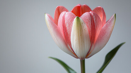 Fototapeta premium Pink and white lily flower isolated on a grey background. Studio portrait of a blooming lily. Elegance and purity concept. Design for greeting card, invitation.
