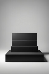 Empty black product podium display background with a minimal pedestal show stand, modern platform, abstract light shadow showroom presentation backdrop