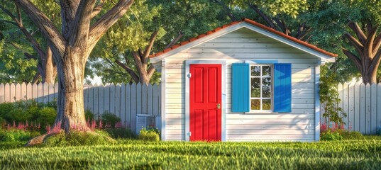 Fototapeta na wymiar Quaint Garden Retreat: Red Door and Blue Shutters Amidst Suburban Tranquility