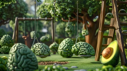 A playground scene where brain cells and avocados play together on swings and slides, illustrating the joy of maintaining brain health