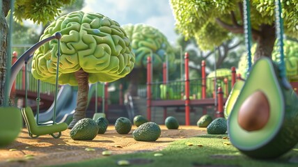 A playground scene where brain cells and avocados play together on swings and slides, illustrating the joy of maintaining brain health - obrazy, fototapety, plakaty