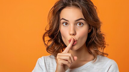 Naklejka premium Young woman making silence gesture, orange background