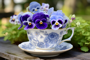 A close-up of a delicate pansy blooming in a vintage teacup planter.