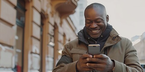 A cheerful gentleman smile as he utilizes a banking application on his mobile device.