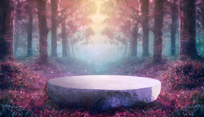 stone podium in the magical forest , empty round stand background moment concept. - 779837699
