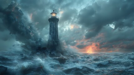 An abandoned lighthouse standing tall against a stormy sky, waves crashing against the rocky shore below
