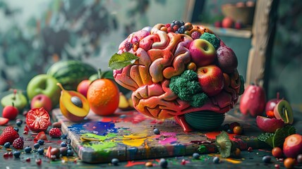 A vibrant representation of a brain composed of colorful fruits and vegetables, symbolizing the link between a diverse diet and cognitive vitality - obrazy, fototapety, plakaty