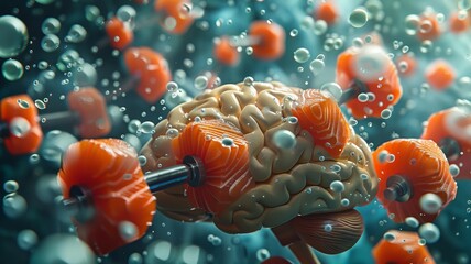 A gym inside the brain, where neurons use salmon-shaped weights, illustrating the concept of feeding the brain with exercise and omega-3s for mental fitness
