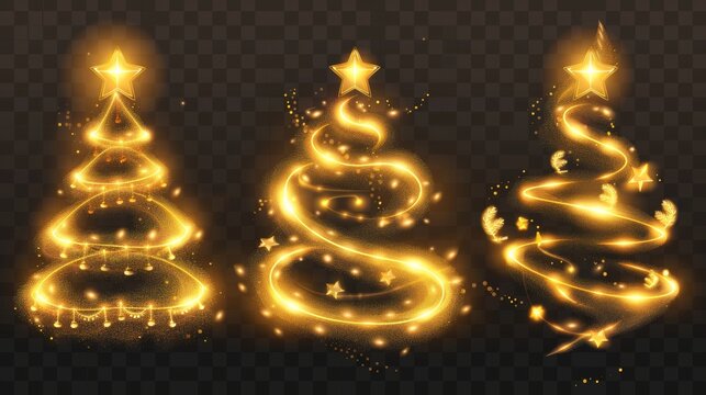Christmas trees with spiral light designs isolated on transparent background. Modern cartoon illustration of golden xmas swirls embellished with yellow stars and shimmering particles.