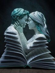 Sculpture of two lovers composed of book pages. Concept of love for reading and books in general