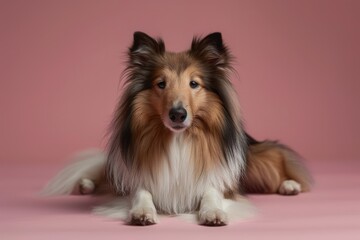 Elegant Shetland Sheepdog Lying on a Soft Pink Background Looking Serene and Graceful