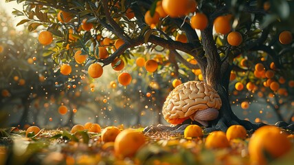A brain relaxes under an orange tree, absorbing Vitamin C, signifying nourishment from the fruit's bounty - obrazy, fototapety, plakaty