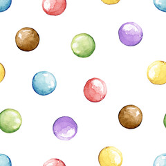 Seamless pattern with multicolor dragee candies isolated on white background. Watercolor hand drawn illustration