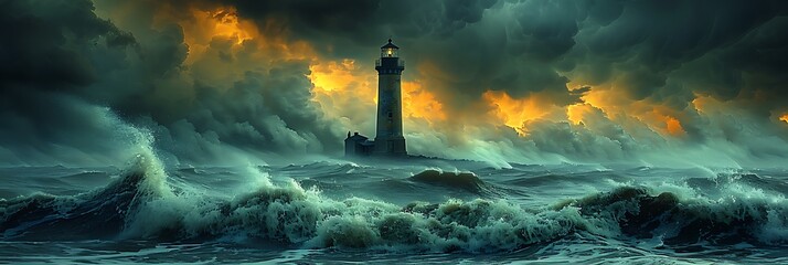 An abandoned lighthouse standing tall against a stormy sky, waves crashing against the rocky shore below - obrazy, fototapety, plakaty