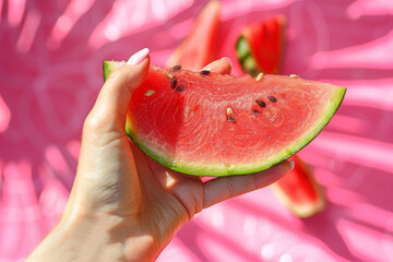 Fresh watermelon slice held in hand with a pool float in the background suggesting summer fun