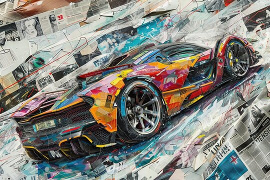 Made from a collage of vivid newspaper clippings and magazine cutouts, a futuristic supercar explodes with detail in this graffiti masterpiece.