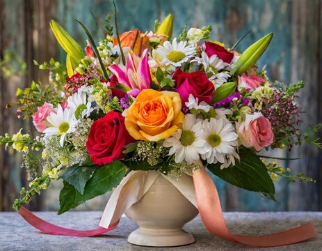 A vibrant bouquet bursting with a variety of colorful roses, lilies, and daisies, arranged in a classic round vase adorned with a satin ribbon. flower vase.