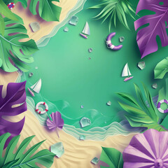 Fototapeta na wymiar Creative summer sales banner with beach, tropical leaves, lots of sailboat, ice cubes, sand scattered everywhere, purple and green background. 