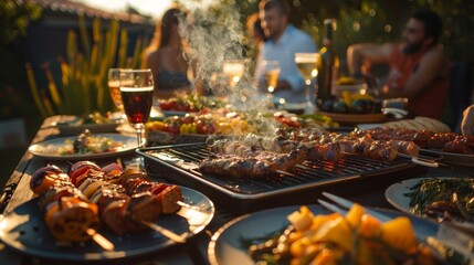 Sundown barbecue with friends enjoying grilled skewers and a festive atmosphere