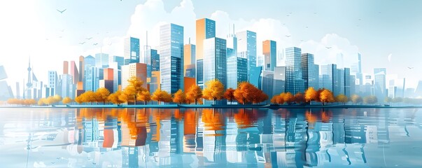 Vibrant Cityscape Reflected on Serene Waters with Autumn Foliage