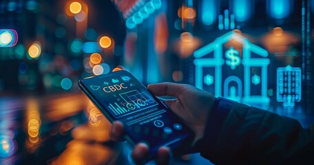 Close-up of Person Using Mobile Banking App with Central Bank Digital Currency Interface at Night