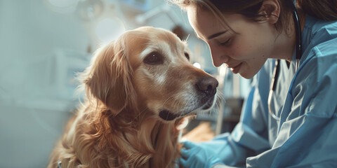 Caring veterinarian tenderly examines a golden retriever in a clinic, focused and compassionate