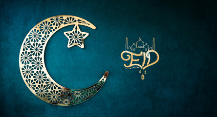 Eid 2024 background, Crescent moon shape isolated on blue colour with Eid Calligraphy