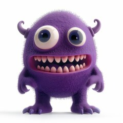 Fototapeta premium A cute monster with big eyes and horns. Little Devil Purple Colored Smile Character Image Cute Space Creatures Funny Kawaii Halloween Characters - Devil Goblin, Alien Creature
