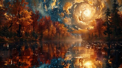 Abstract landscape with magical glow. Iridescent trees and river sparkling in the sunset. Fantasy forest with glowing sky.