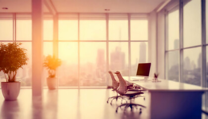 Beautiful blurred background of a light modern office interior with panoramic windows on digital art concept, Generative AI. - 779839430