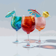 A frontal view of freshly made, chilled cocktails in glasses with a white backdrop Vector