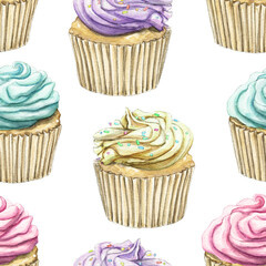 Seamless pattern with multicolor various color muffins with cream isolated on white background. Watercolor hand drawn illustration..