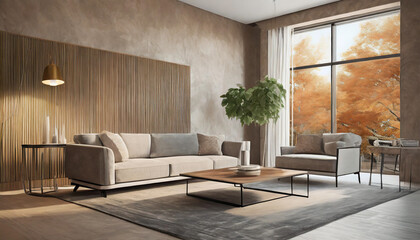 Inviting Living Room with Neutral Tones and Space for Artwork