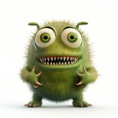 Fototapeta premium A cute monster with big eyes and horns. Little Devil Green Colored Smile Character Image Cute Space Creatures Funny Kawaii Halloween Characters - Devil Goblin, Alien Creature