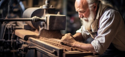 Talented craftsman fashioning vintage wood in a workshop evoking a bygone era. - obrazy, fototapety, plakaty
