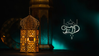 Eid Mubarak greeting poster image, Lantern lamp with Eid Calligraphy
