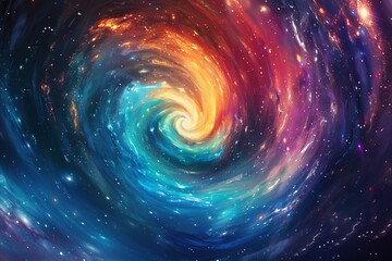 A stunning digital image capturing the swirling essence of galaxies with spirals of luminous colors engaging in a cosmic dance - obrazy, fototapety, plakaty