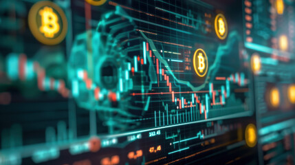 Obraz premium Bitcoin blockchain cryptocurrency mining technology, digital background wallpaper banner. Generative Ai