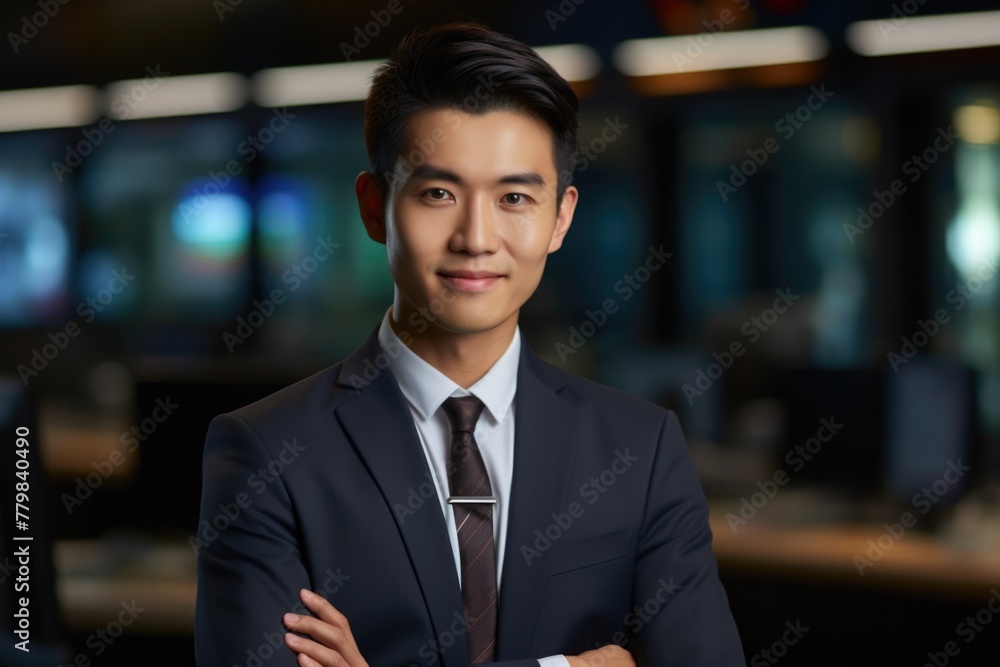 Wall mural business person in a company interior with a chart background