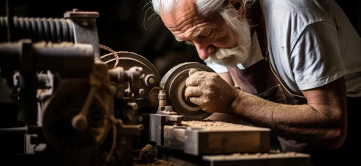 Fotobehang Artisan honing his craft, working on vintage wood in a retro-inspired workshop. © jambulart